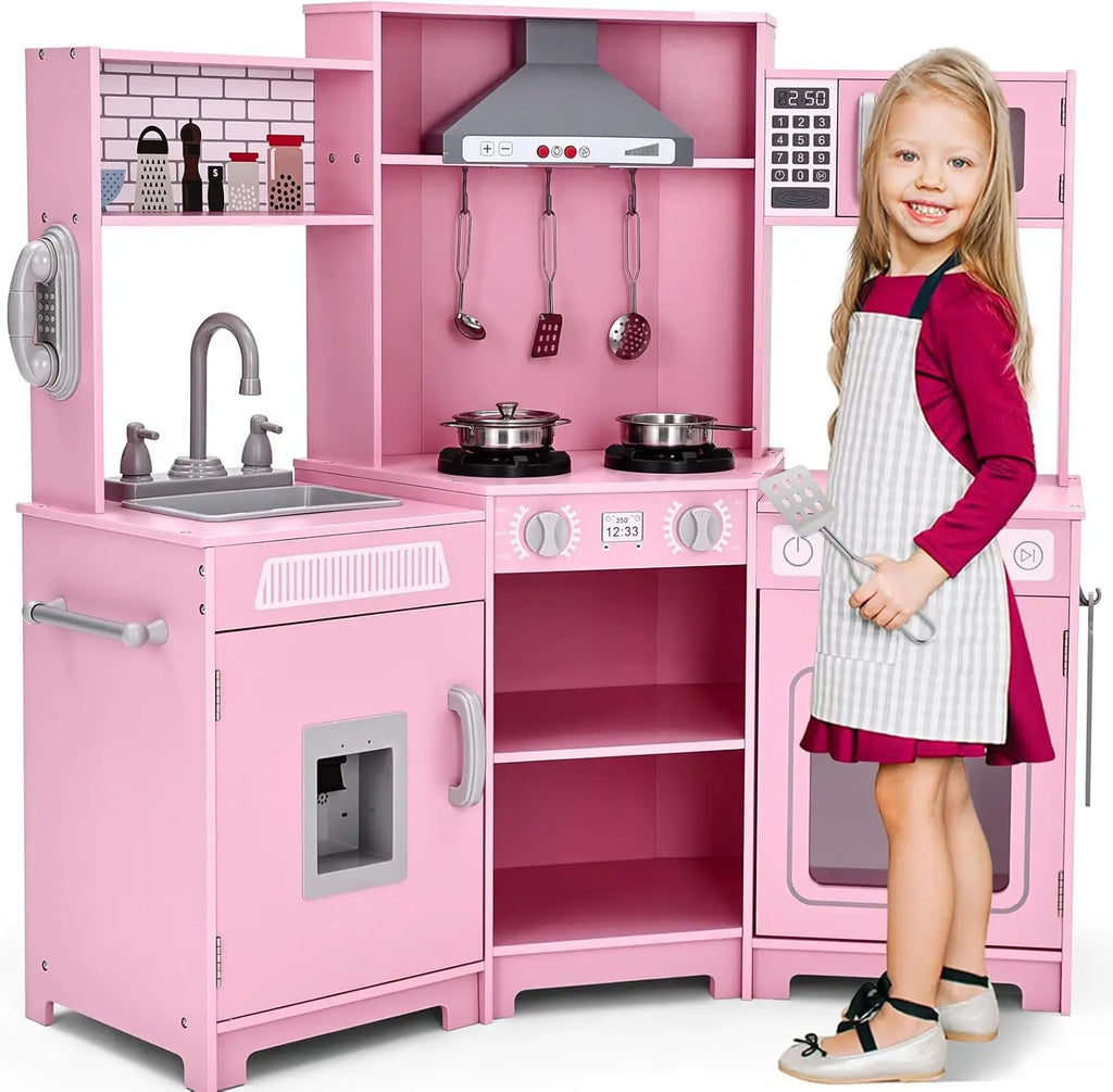 Cucina per bambini JOYLDIAS in legno, cucina giocattolo XXL ad angolo con suoni e luci, cucina giocattolo incl. accessori. Forno a microonde e forno per bambini