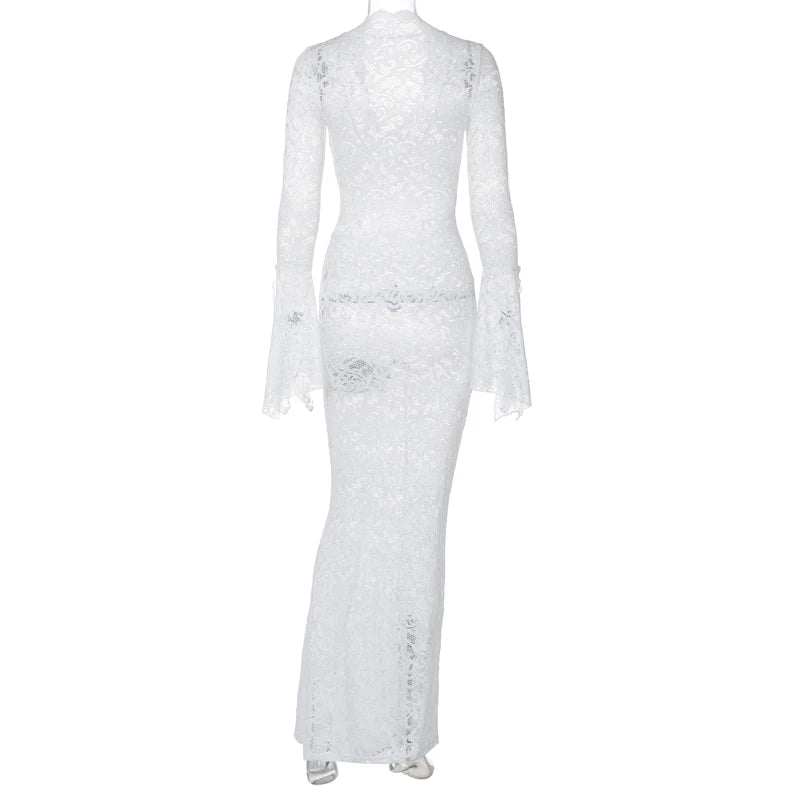 Hugcitar Maglia con stampa floreale Scollo a V Manica lunga svasata Abito lungo trasparente sexy Primavera Abiti moda donna Vacanza al mare Club