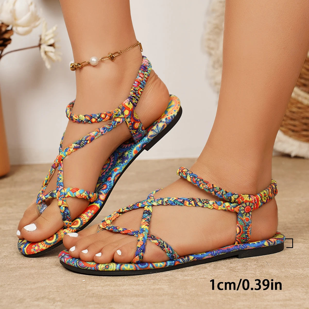 Sandali estivi da donna con stampa floreale bohémien, infradito casual leggere, sandali alla moda con punta aperta, Zapatos De Mujer