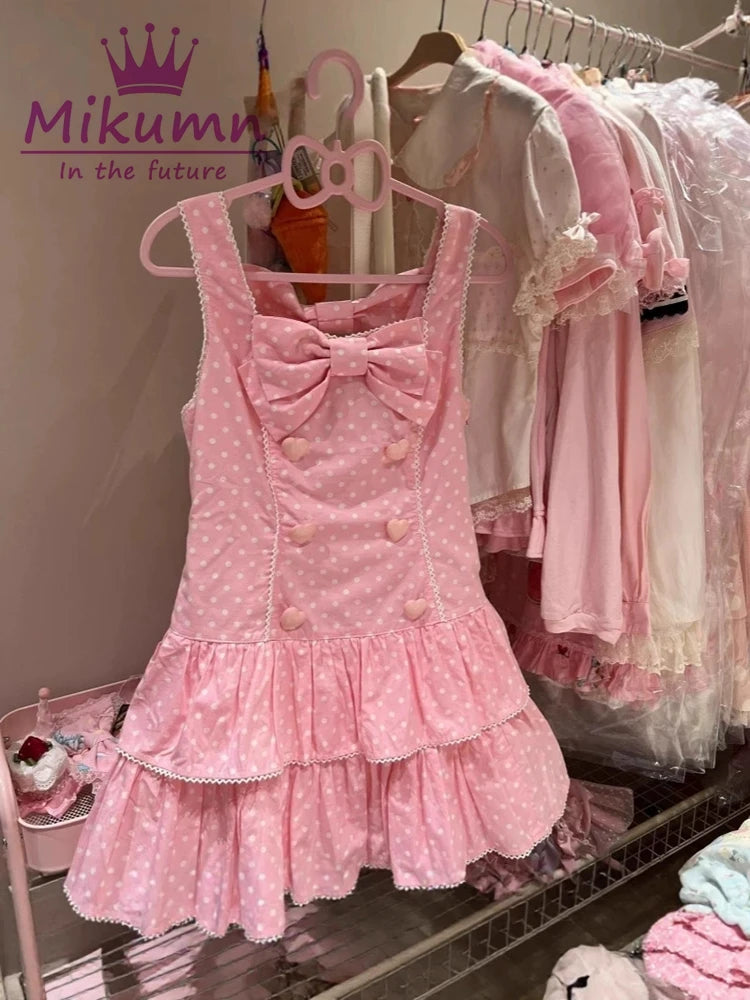 Mikumn giapponese Kawaii Lolita stile cinturino abito Harajuku dolce fiocco rosa stampa a pois mini abito donna ragazza Y2k mini abito da festa