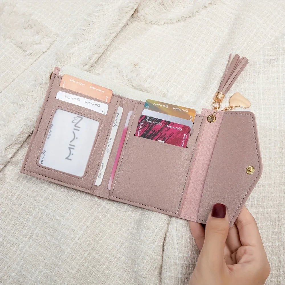 Nuovo portafoglio compatto da donna con pochette Portamonete ultrasottile portatile in pelle PU con porta carte di credito con nappa Portafoglio corto da donna