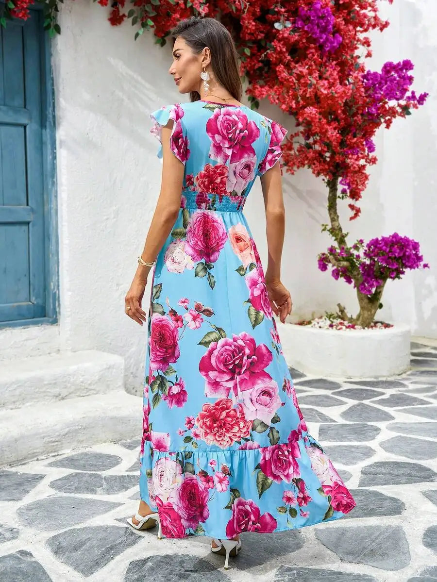 Abito lungo con stampa floreale, maniche a volant e scollo a V, stile estivo per le vacanze