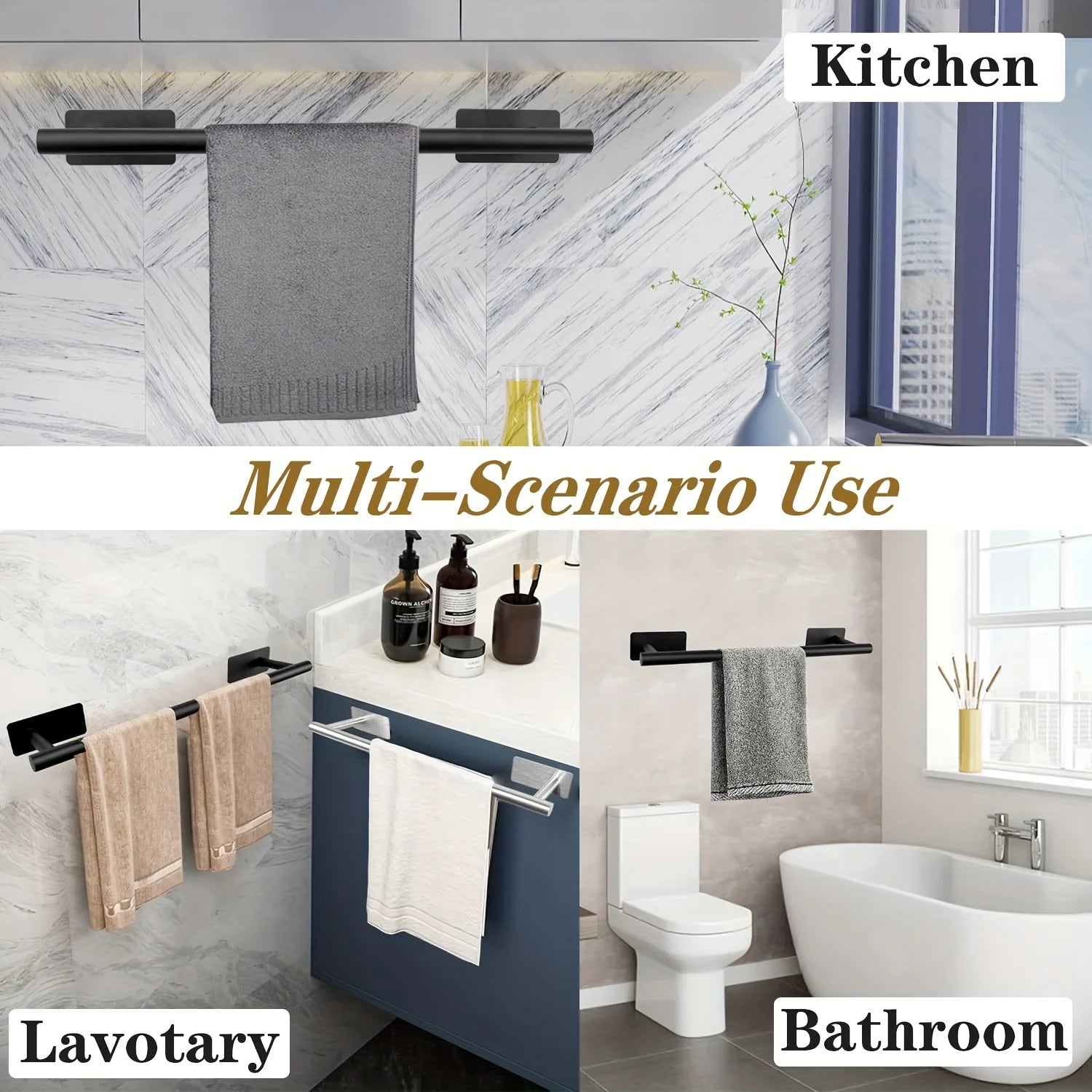 6pcs Stainless Steel Bathroom Accessory Set No-Drill Towel Rack Tissue Holder And Hooks Combo for Bathroom Organizer and Storage