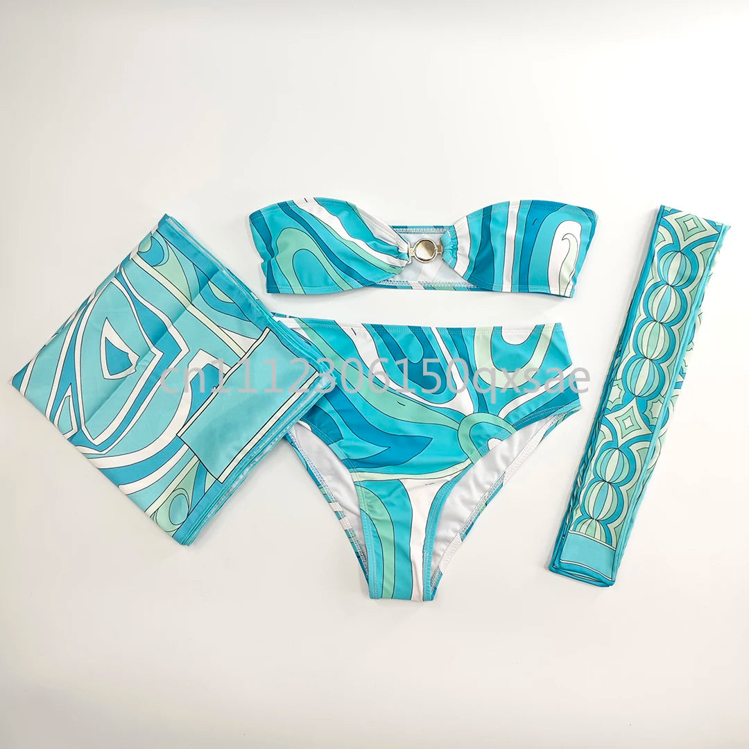 Costumi da bagno da donna rosa con foulard e logo a lettere, set bikini con foulard e fascia per capelli, abbigliamento da spiaggia