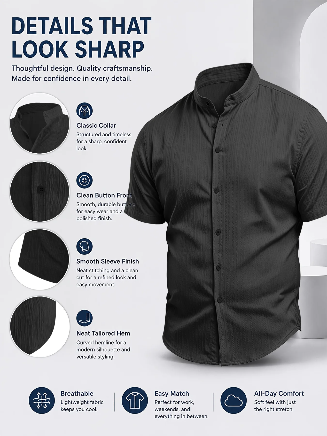 Camicia Casual da Uomo Taglie Forti 2XL-6XL Estiva Traspirante a Maniche Corte con Bottoni per Vacanze al Mare in Tessuto Morbido Testurizzato Vestibilità Ampia
