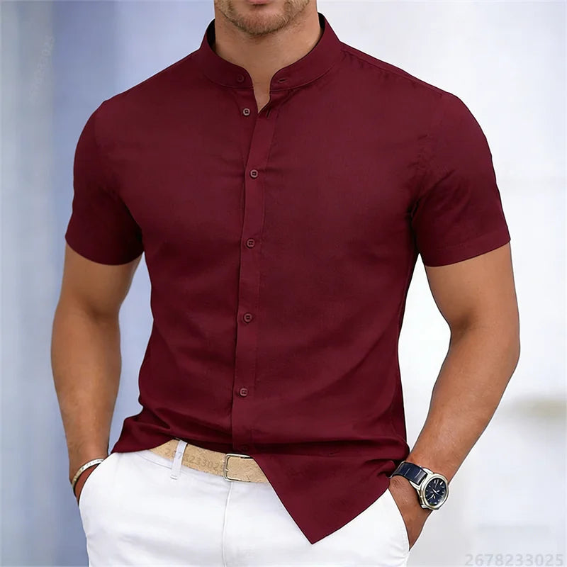 Camicia da uomo a maniche corte con colletto rialzato, bianca o nera, tinta unita, vestibilità slim, top da uomo business casual, taglie XS-6XL.