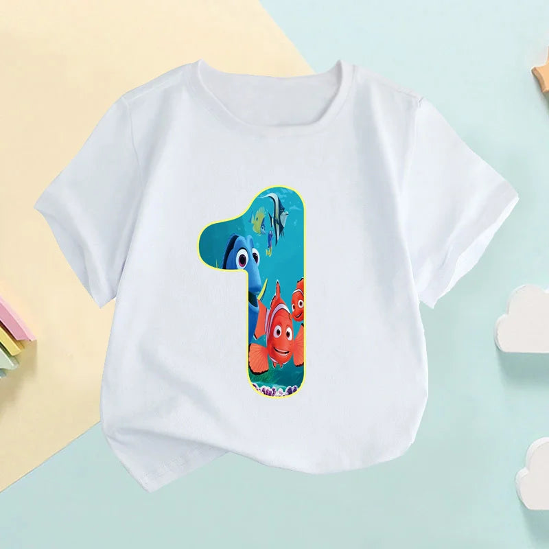 Maglietta per bambini con stampa numerica di Nemo e Dory, simpatici pesciolini, abbigliamento per bambine 1 2 3 4 5 6 7 8 9 anni, magliette per compleanno neonati e bambini, HKP2759