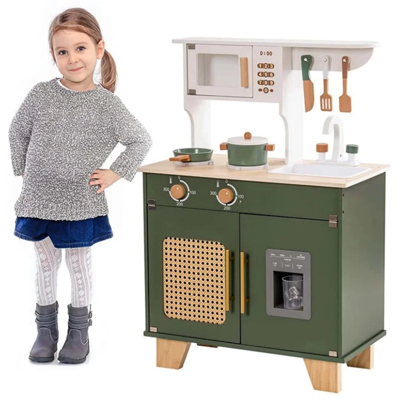 Robotime Robud Set da gioco da cucina per bambini con produttore di ghiaccio Set da gioco di finzione Giocattolo in legno per bambini dai 3 anni in su Verde vintage per bambini piccoli