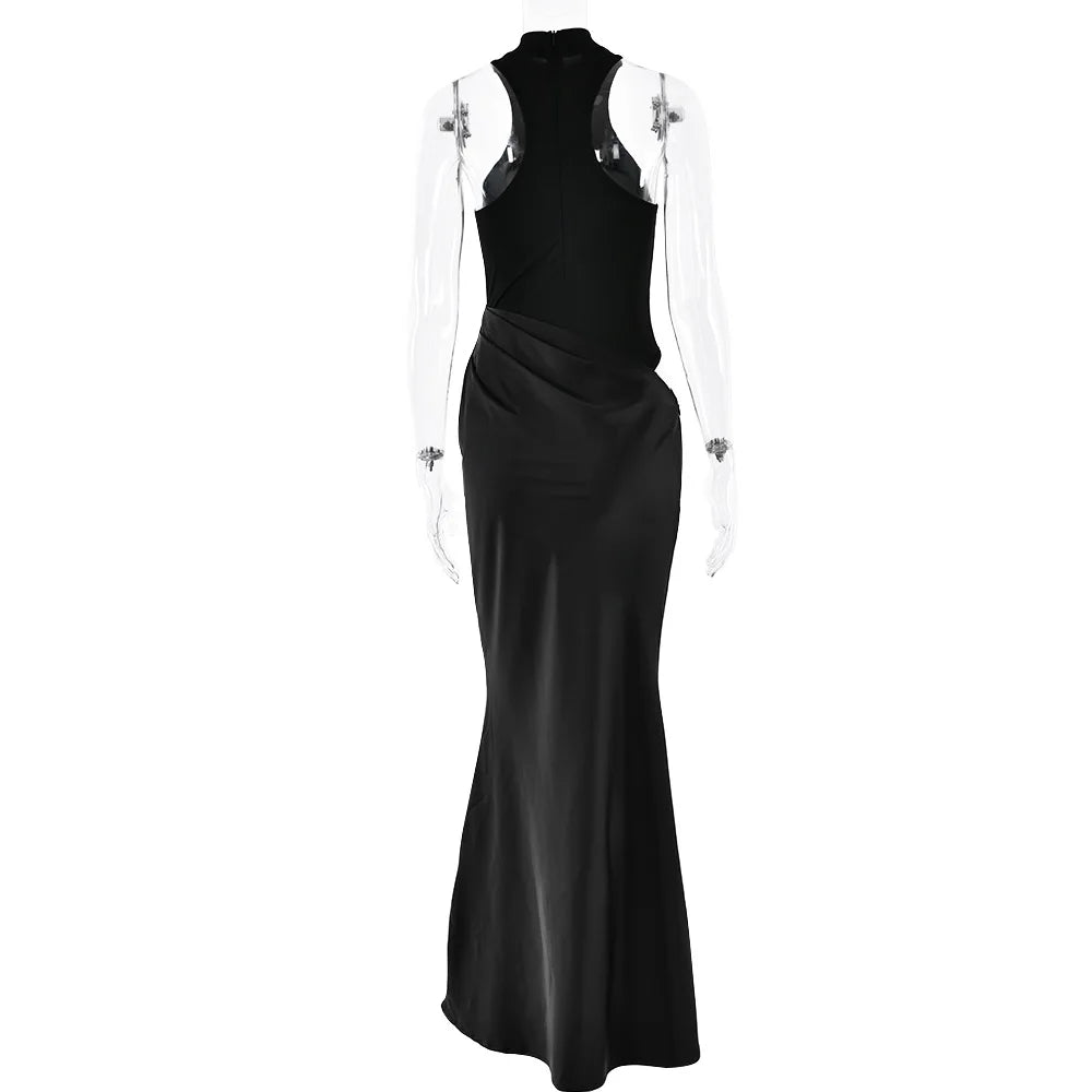 JULISSA MO Abito lungo da donna sexy scollato in raso Abito lungo nero senza maniche a vita alta Donna Autunno Skinny Elegante Party Clubwear