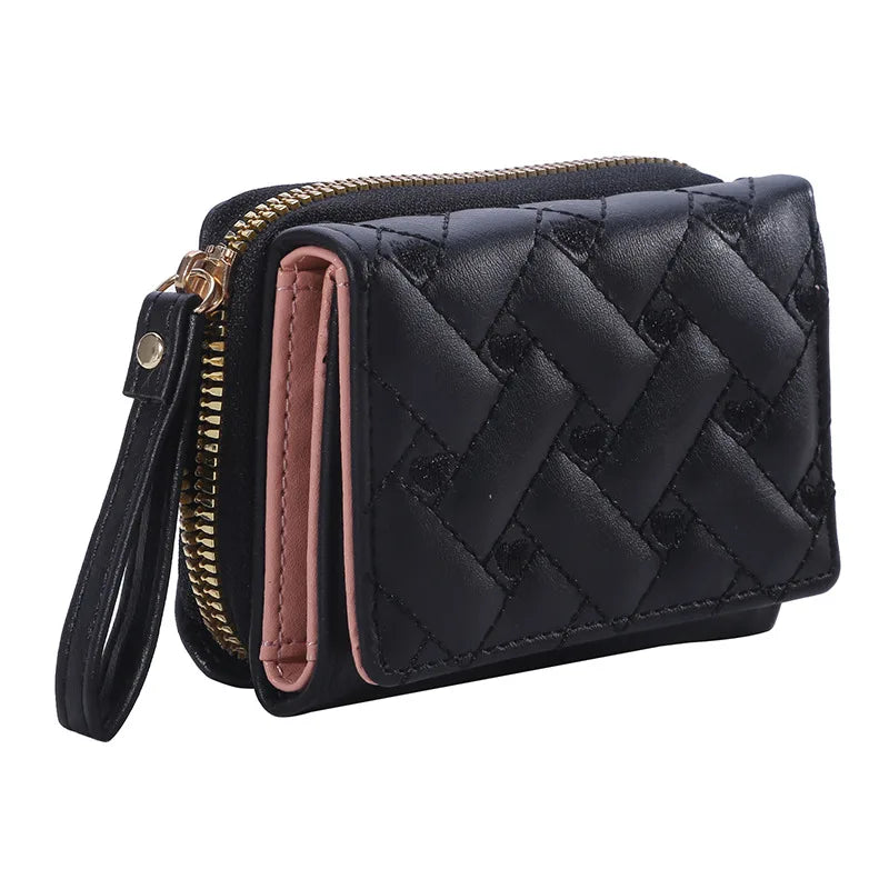 Portafoglio da donna per pelle PU moda ricamato amore tri-fold piccolo portafoglio porta carte portamonete multi-slot per carte interno rosa