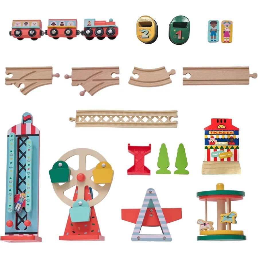 Tavolo da treno in legno – Set da gioco per parco divertimenti a tema carnevale con ruota panoramica, carosello e binario del treno – Giocattolo interattivo per bambini