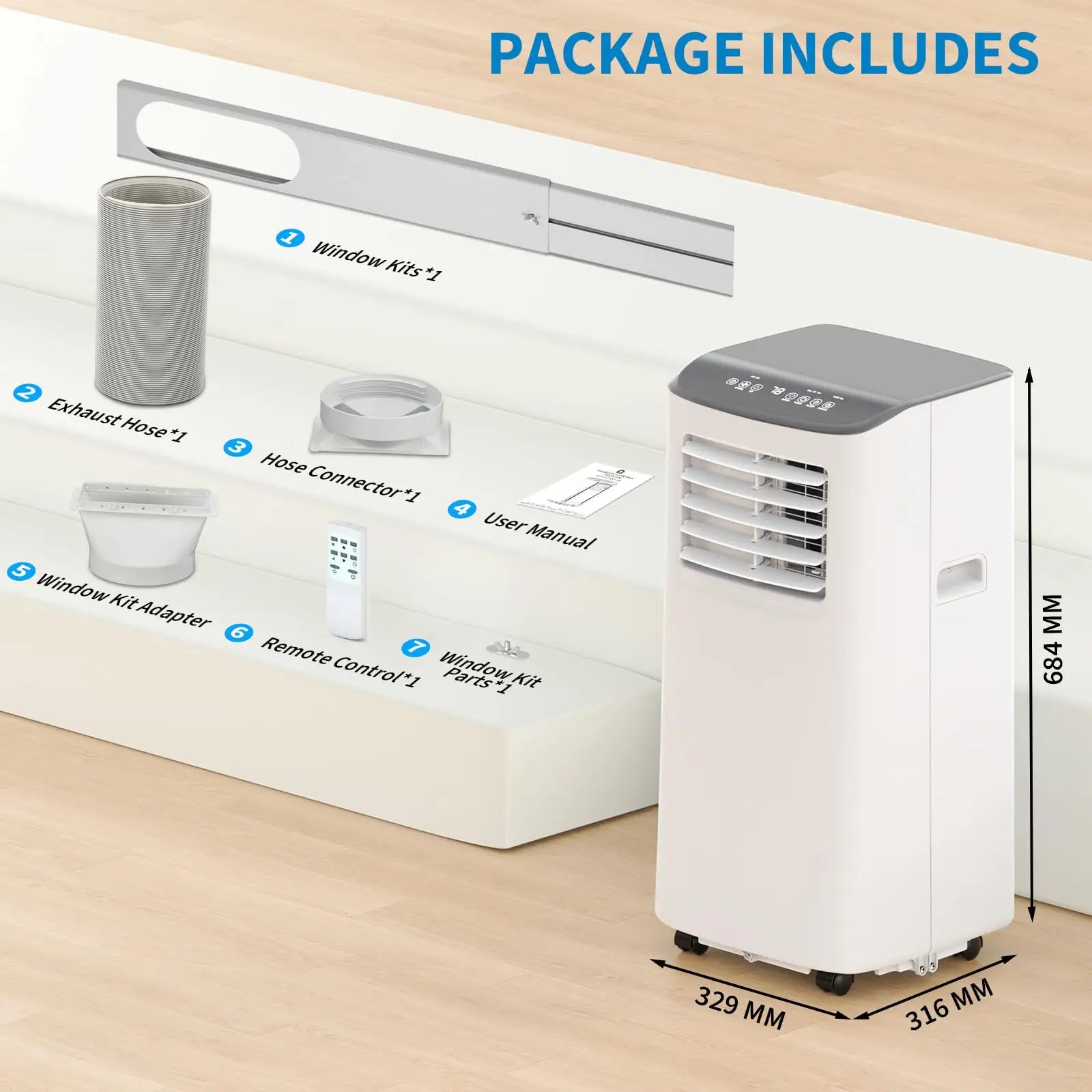 Condizionatori d'aria portatili da 8.000 BTU, unità AC portatile con funzione di raffreddamento, ventilazione, deumidificatore, modalità sleep, condizionatore d'aria portatile 4-in-1, timer 24 ore, telecomando e kit di inst