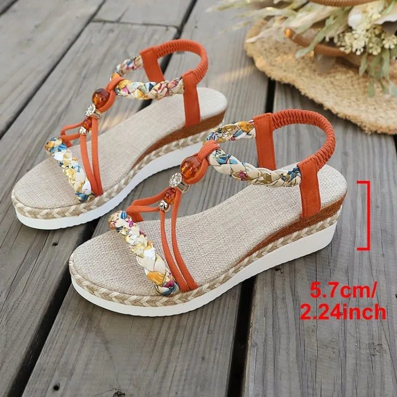 Sandali Donna 2026 Stile Bohemien con Tacco Grosso, Perline Intrecciate, Tacco a Zeppa, Comodi, Versatili, alla Moda, con Cinturino Romano