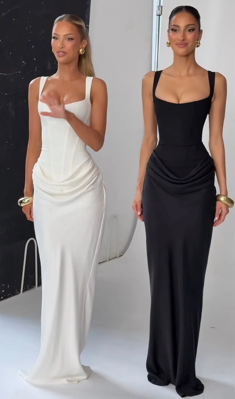 Suninheart Abito lungo da donna bianco Abito elegante con lacci Abito da cerimonia formale sottile per invitati a un matrimonio