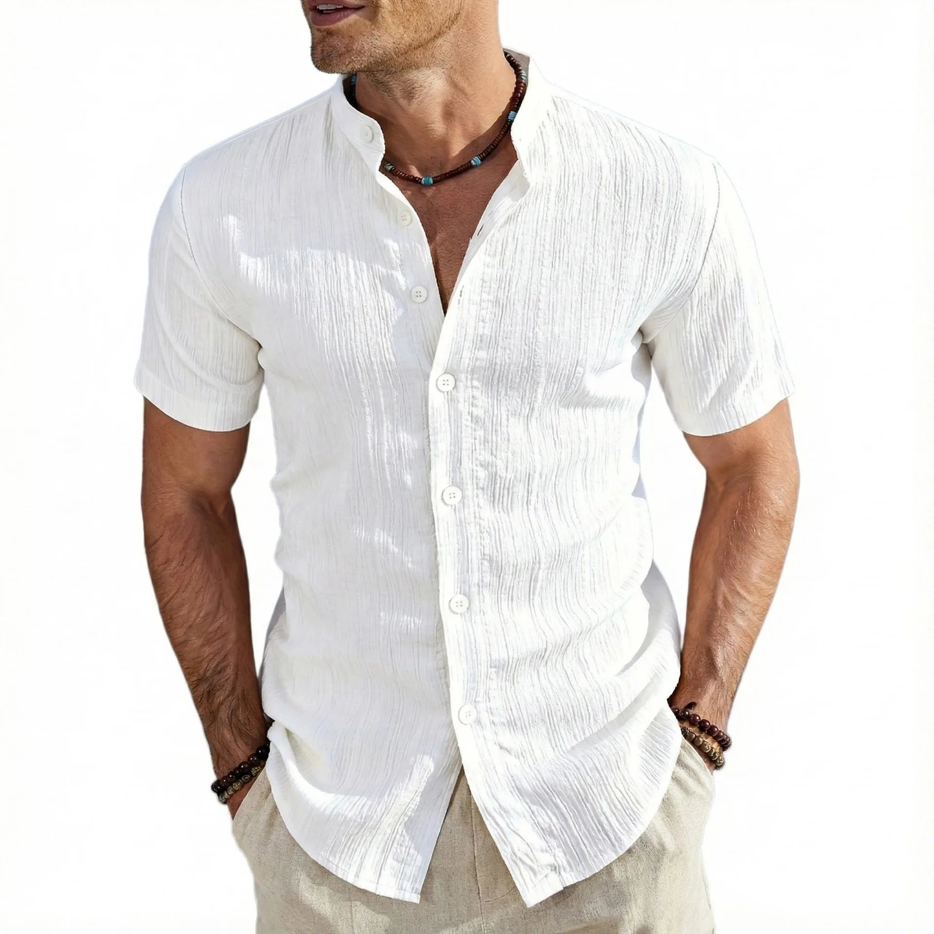 Camicia da uomo a maniche corte con colletto rialzato, testurizzata, traspirante, casual, estiva