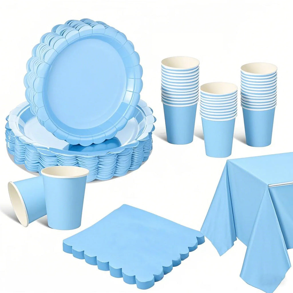 Forniture per feste di compleanno in pizzo azzurro Stoviglie usa e getta blu Tovagliolo di carta Tazza Piatto Tovaglia per la decorazione di nozze ﻿
