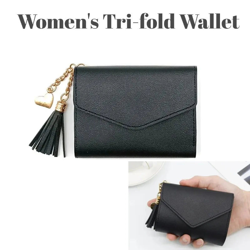 Portafoglio Corto da Donna a Tre Ante con Ciondolo a Nappa in Pelle PU, Porta Monete e Scomparti Multipli per Carte, Mini Pochette Sottile Femminile Porta Carte