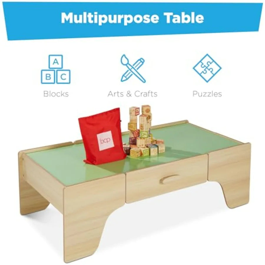 Grande Tavolo da Gioco Multifunzione in Legno da 50 Pollici con 70 Pezzi per Trenini, con Binari e Piano Reversibile, Colore Naturale