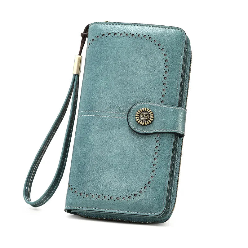 Borsa a mano in pelle cerata con blocco RFID, porta carte di credito multifunzionale a doppia piega, portafoglio da donna lungo retrò di grande capacità