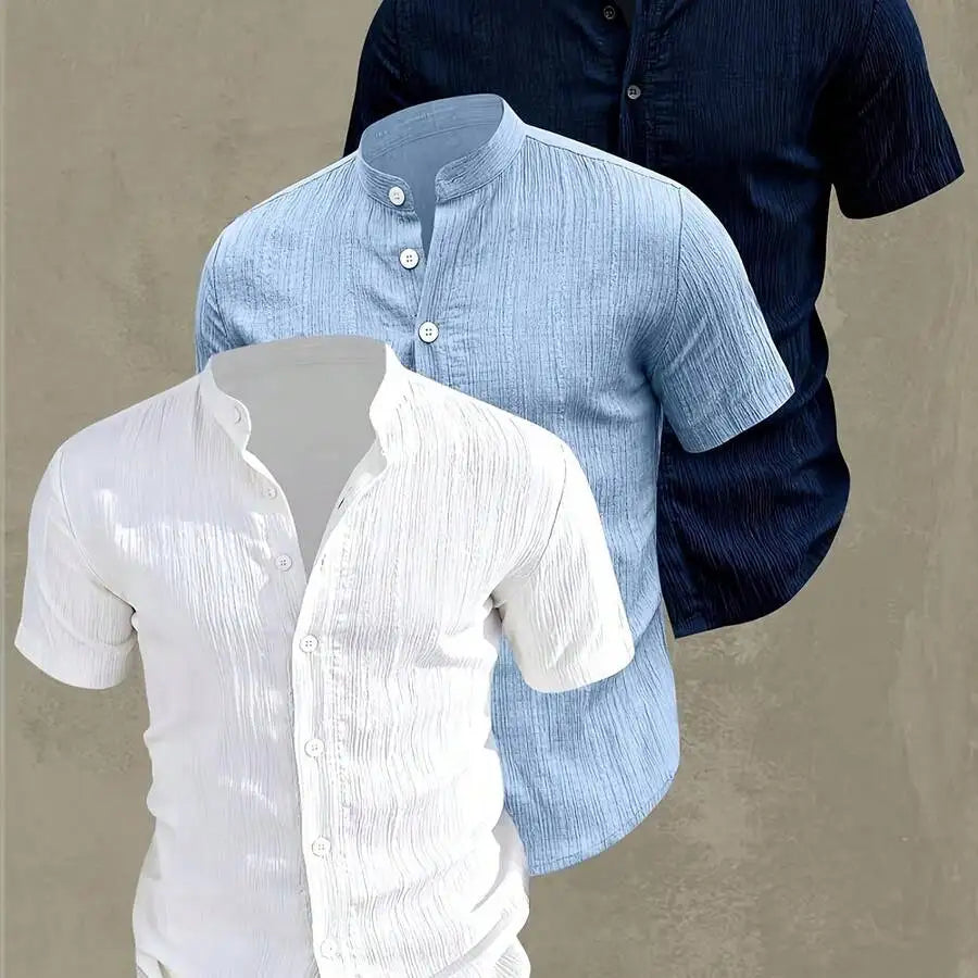 3 pezzi di camicie estive casual da uomo a maniche corte con colletto rialzato, con bottoni, in poliestere, per viaggi in spiaggia e attività all'aperto