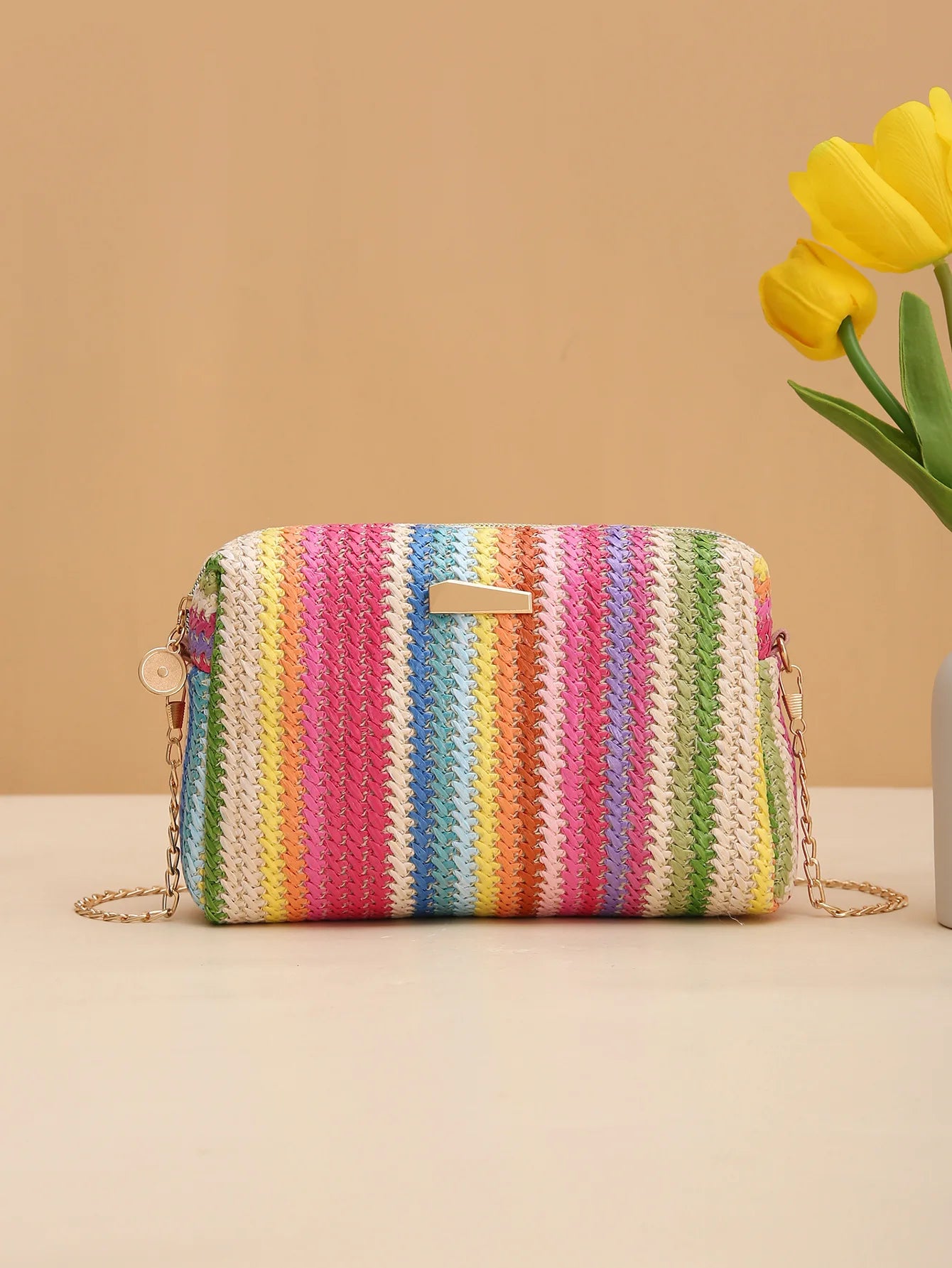 Borsa tessuta erba colorata borsa quadrata intrecciata 2024 borsa a tracolla Versatile per ragazza borsa arcobaleno