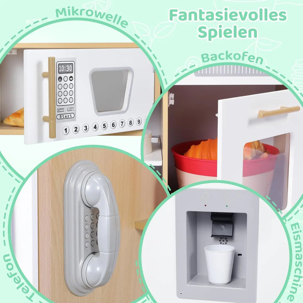 Set da cucina per bambini piccoli, set da gioco da cucina giocattolo in legno con veri luci e suoni, frigorifero a doppia porta, produttore di ghiaccio e pentole