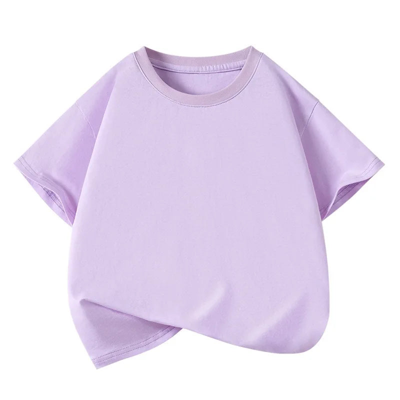 T-shirt sportiva casual a maniche corte in puro cotone per bambini, tinta unita, girocollo, estiva, traspirante, morbida, per bambini
