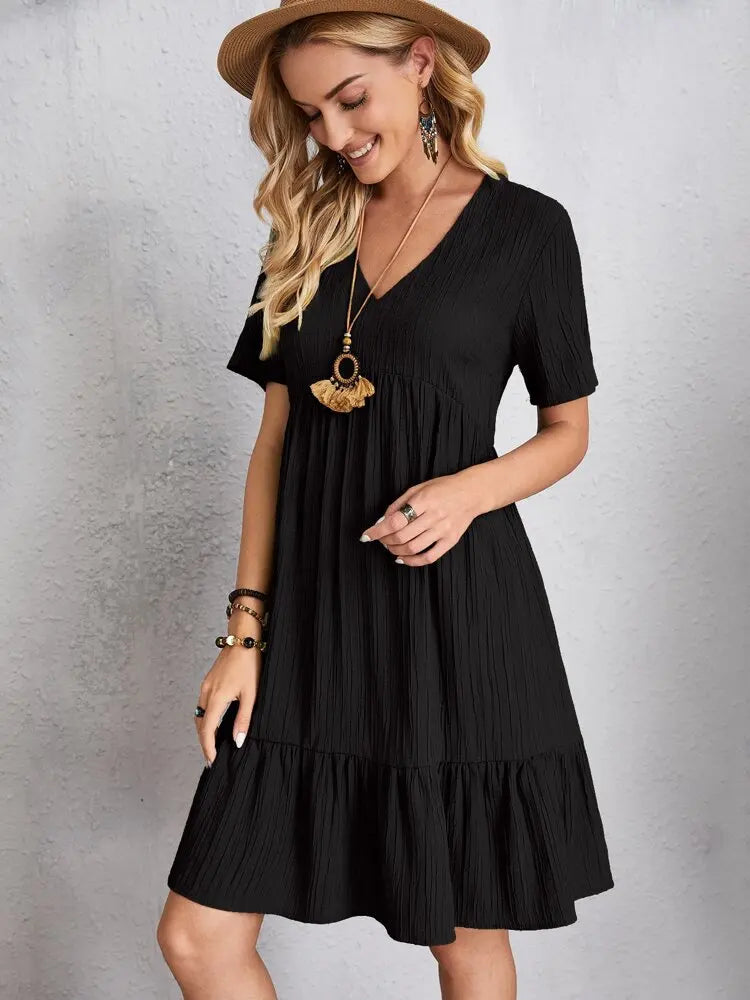 Elegante solido scollo A V A Line Dress 2024 nuova estate Ruffles allentato Mini abito Casual manica corta Beach Party Vestidos Streetwear