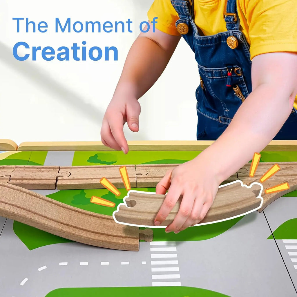 Set di treni e tavolo in legno per bambini piccoli, tavolo da attività reversibile con cassetto portaoggetti, regalo di compleanno per bambini dai 3 ai 7 anni