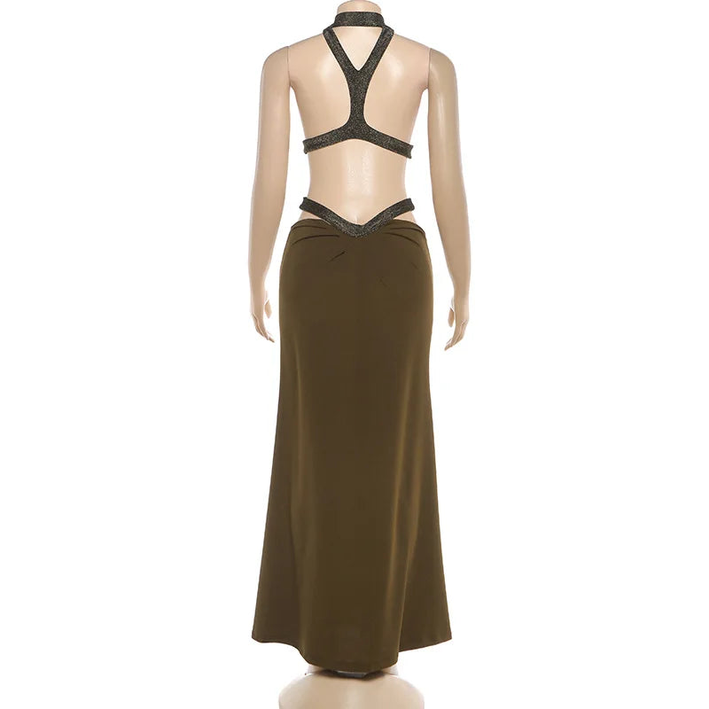Abito lungo da donna sexy Halter scava fuori senza schienale senza maniche increspato abiti lunghi da sera Party Chic Robe verde viola estivo