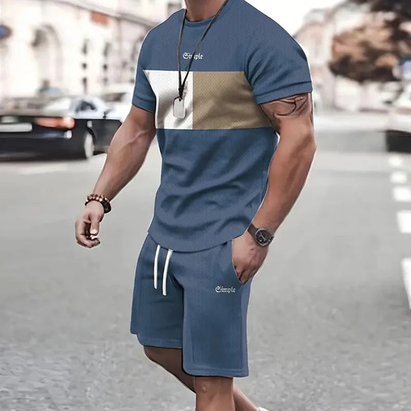 2024 Estate Outdoor Sportswear Uomo Patchwork Stampato Pantaloncini a maniche corte Moda casual Due set Sudore assorbente e confortevole