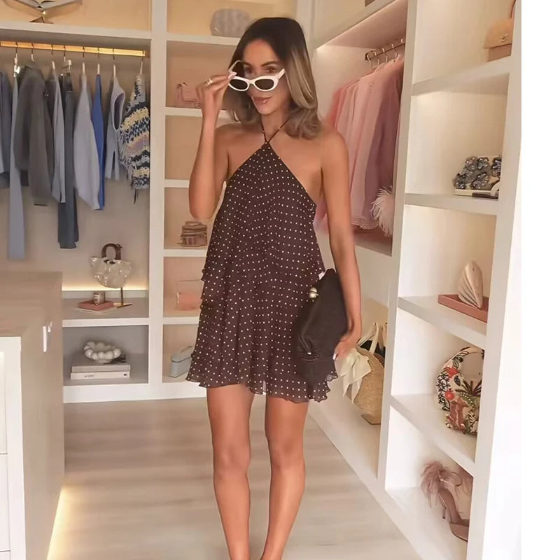 Nuovo Abito Estivo da Donna 2026, Elegante Vestito Chic con Collo a Cascata, Mini Abito Comodo a Pois per Feste e Balli