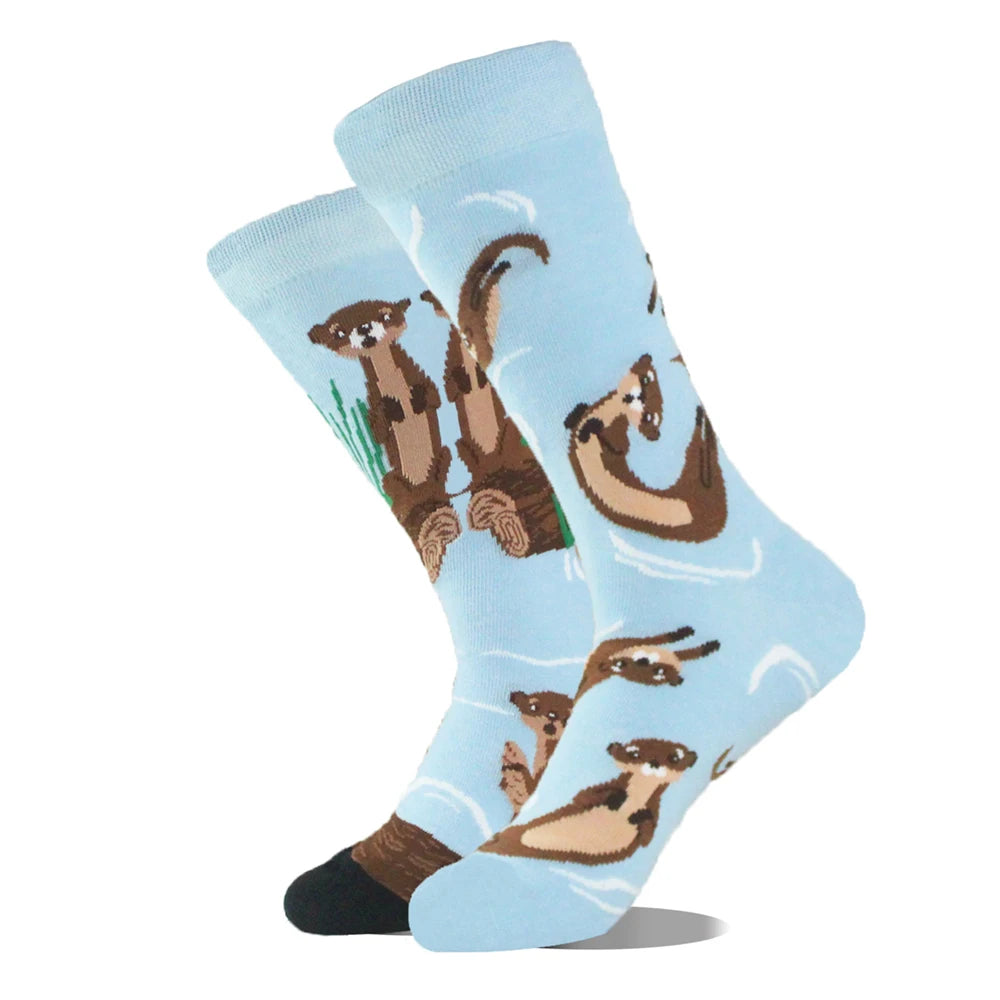 1 Pair Combed Cotton Socks Men Novelty AB Asymmetry Funny Skateboard Men's Mid Length Animal Print Socks Harajuku Happy Socks