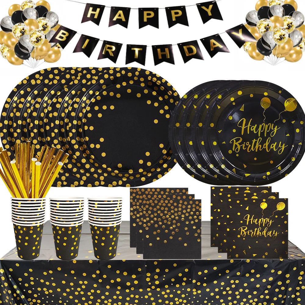 Set di stoviglie usa e getta per compleanno in oro nero, piatti di carta, tazze, tovaglioli, tovaglie, decorazione per feste di buon compleanno per adulti, matrimonio
