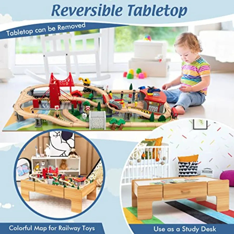 Tavolo da Gioco per Bambini 3-5 Anni: Tavolo Attività in Legno con Cassetto Portaoggetti, Binari, Treni, Auto, Piano Reversibile in Legno Naturale