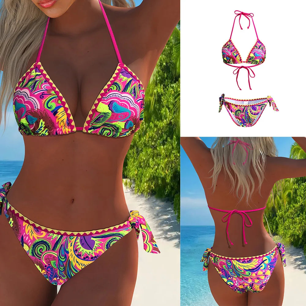 Costume da Bagno Bikini Sexy e Confortevole con Stampa Tropicale, Modello a Tre Punti per Donna, in Tessuto di Poliestere con Imbottitura Senza Supporto in Metallo