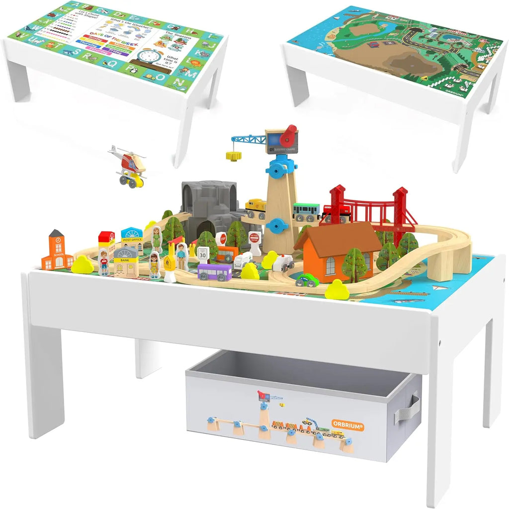 Tavolo da treno Set di treni e tavolo da attività in legno 2 in 1 - Giocattolo STEM da 112 pezzi con piano reversibile per giochi e apprendimento, contenitore portaoggetti - Età