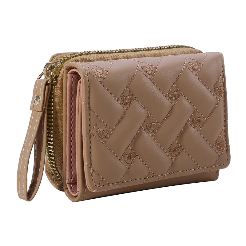 Portafoglio da donna per pelle PU moda ricamato amore tri-fold piccolo portafoglio porta carte portamonete multi-slot per carte interno rosa