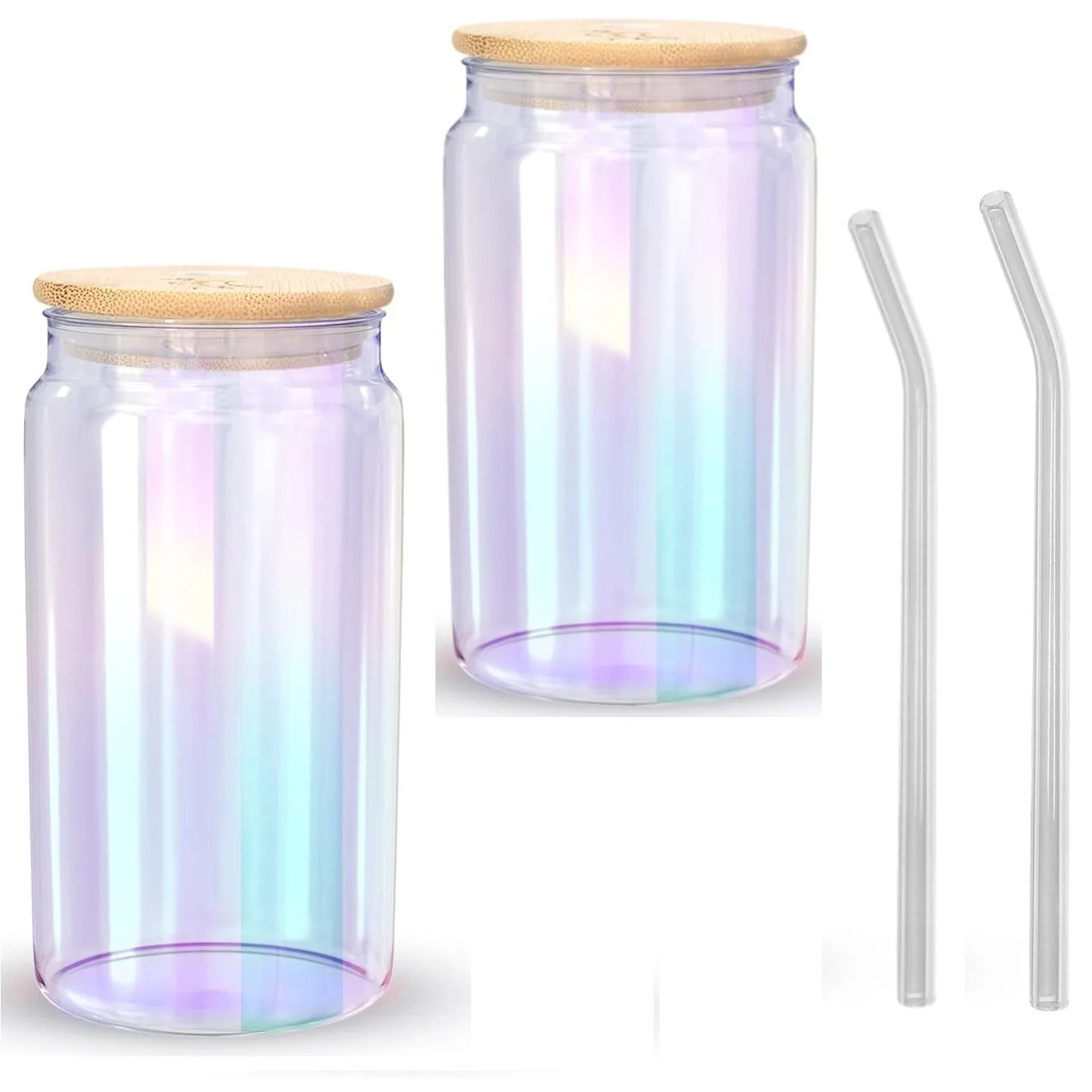 Bicchieri arcobaleno con coperchi in bambù e cannuccia in vetro,(set di 2 /set di 4)-16Oz, vino, Cocktail, whisky, feste, birra, caffè, regalo