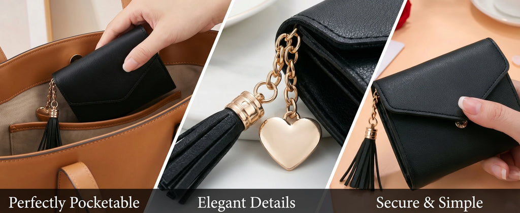Portafoglio Corto da Donna a Tre Ante con Ciondolo a Nappa in Pelle PU, Porta Monete e Scomparti Multipli per Carte, Mini Pochette Sottile Femminile Porta Carte
