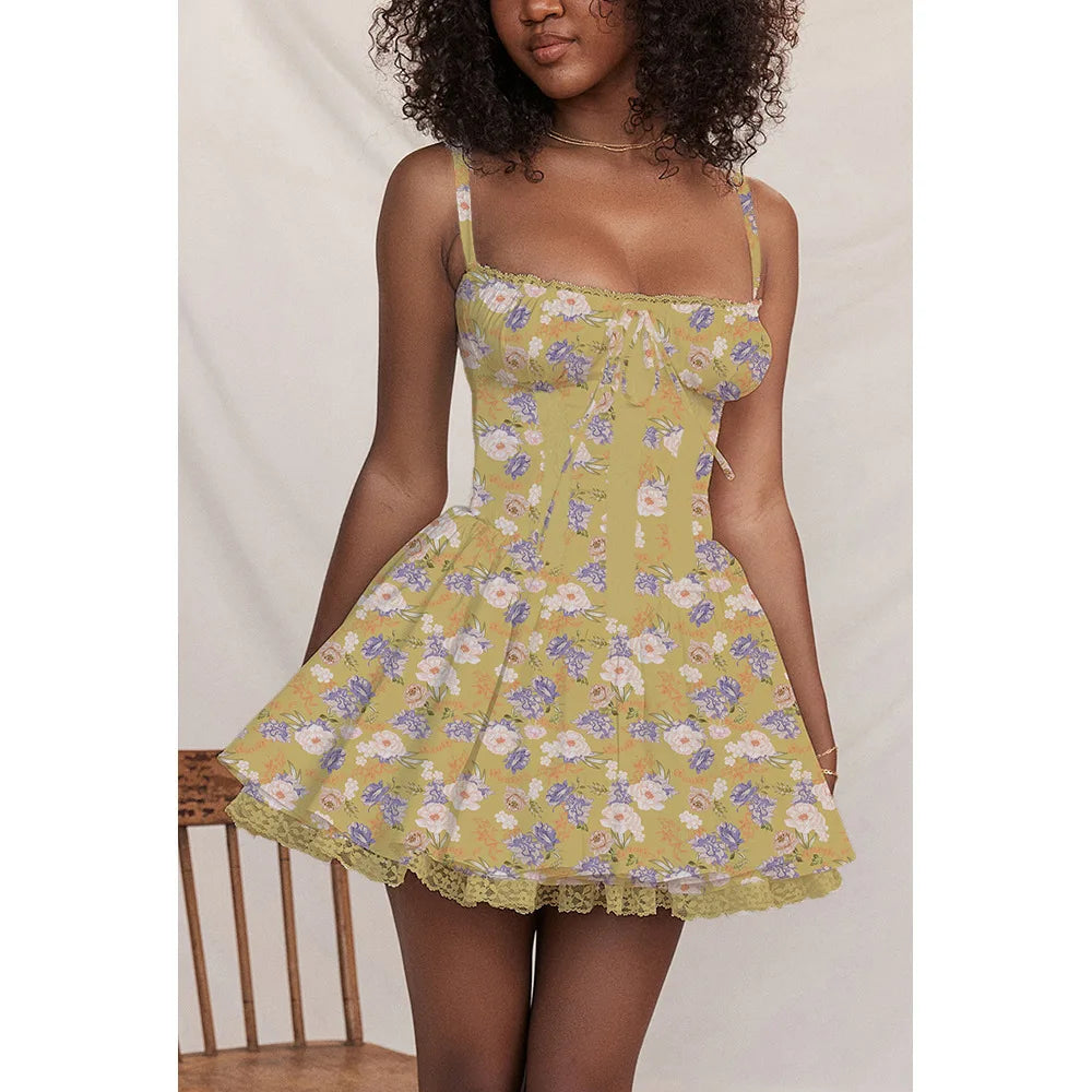 Mini Abito Estivo da Donna Elegante in Pizzo Floreale con Corsetto, Vestito Casual Corto Bianco Giallo Rosso Blu