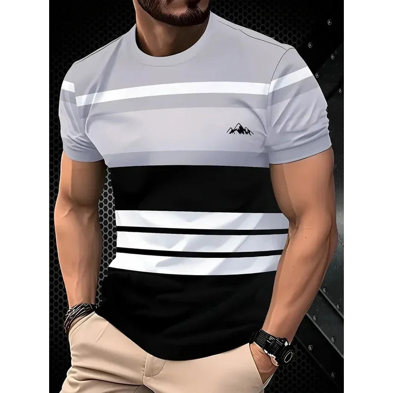 T-shirt classica estiva da uomo: top da esterno a maniche corte con scollo tondo e stampa a righe, maglietta da uomo da strada ampia con aggiunta