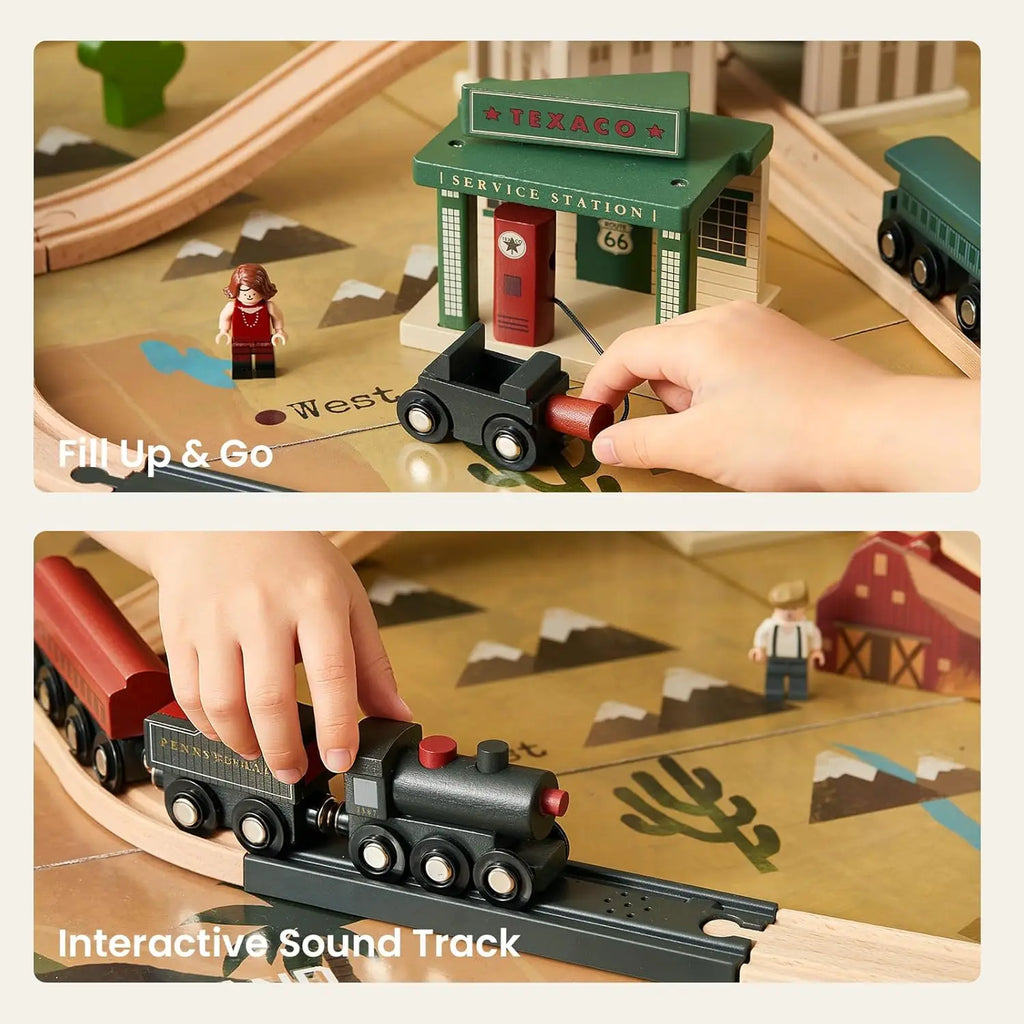 Grande tavolo da treno in legno (47,9"x35,2 Set di treni da 100 pezzi, 3 contenitori portaoggetti, set da gioco per bambini dai 3 anni in su