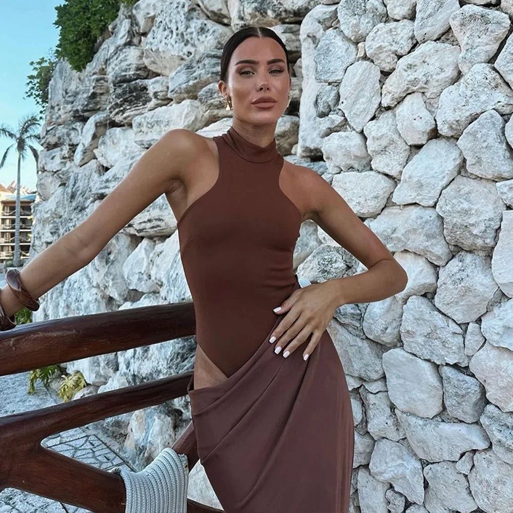 JULISSA MO Abito lungo da donna sexy scollato in raso Abito lungo nero senza maniche a vita alta Donna Autunno Skinny Elegante Party Clubwear