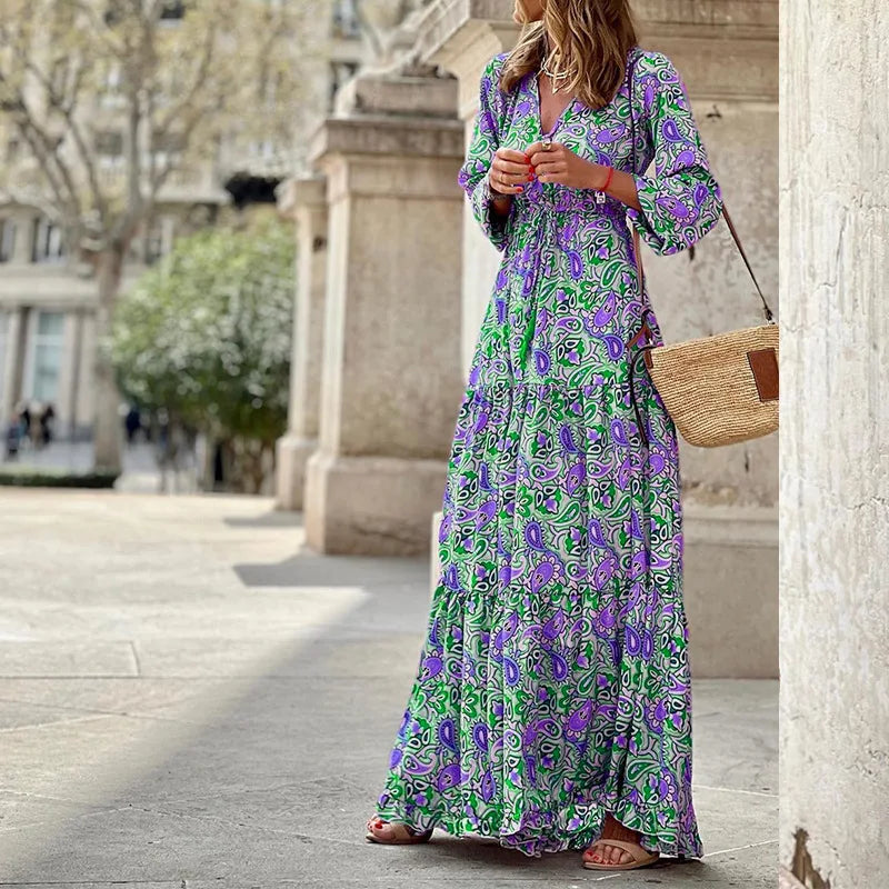 Abiti Estivi da Donna, Nuova Moda, Stampa Elegante, Scollo a V Sexy, Maniche Lunghe, Vita Alta Elasticizzata, Lunghezza Media, Stile Bohémien
