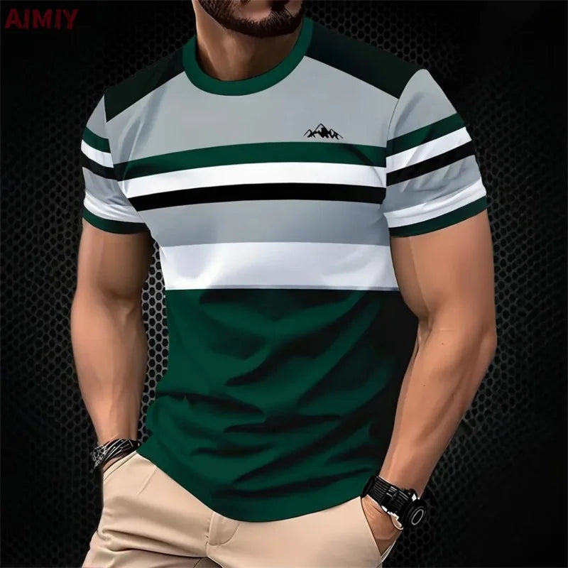 T-shirt stampata a righe da uomo T-shirt estiva casual da esterno girocollo a maniche corte Novità nella maglietta alla moda da uomo