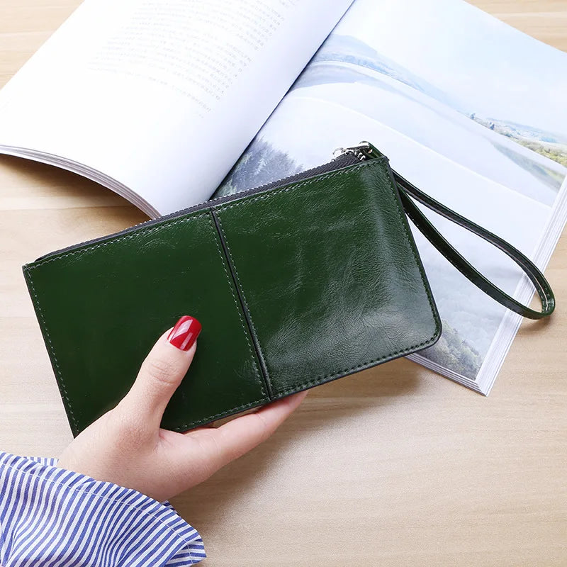 Borsa da donna vintage in pelle cerata a olio con cerniera, borsa da banca, portafoglio zero di grande capacità, cinturino da polso, porta carte con nome semplice