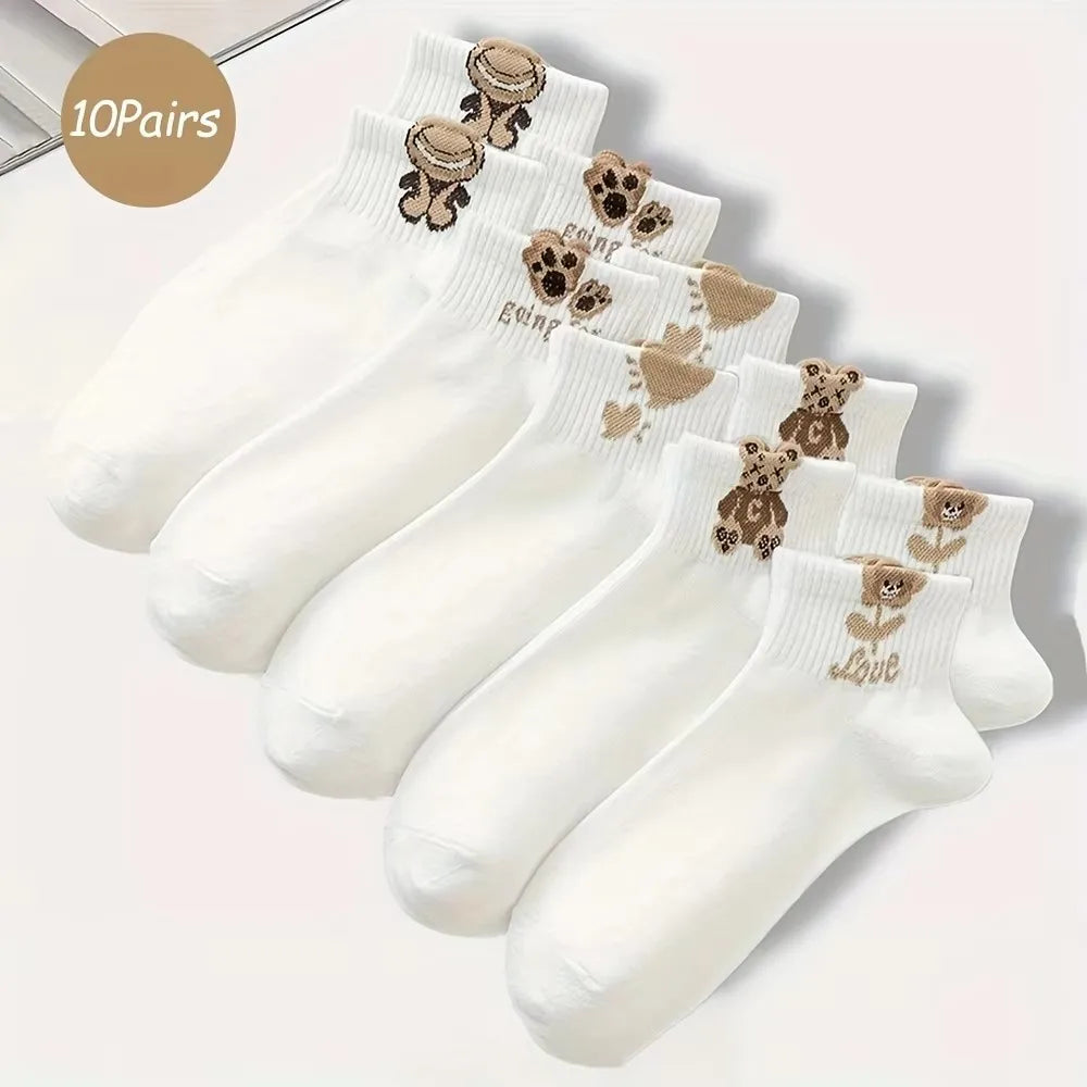 5 paia di calzini da donna con motivo orsetto di peluche, versatili, alla moda, creativi, traspiranti, comodi, casual