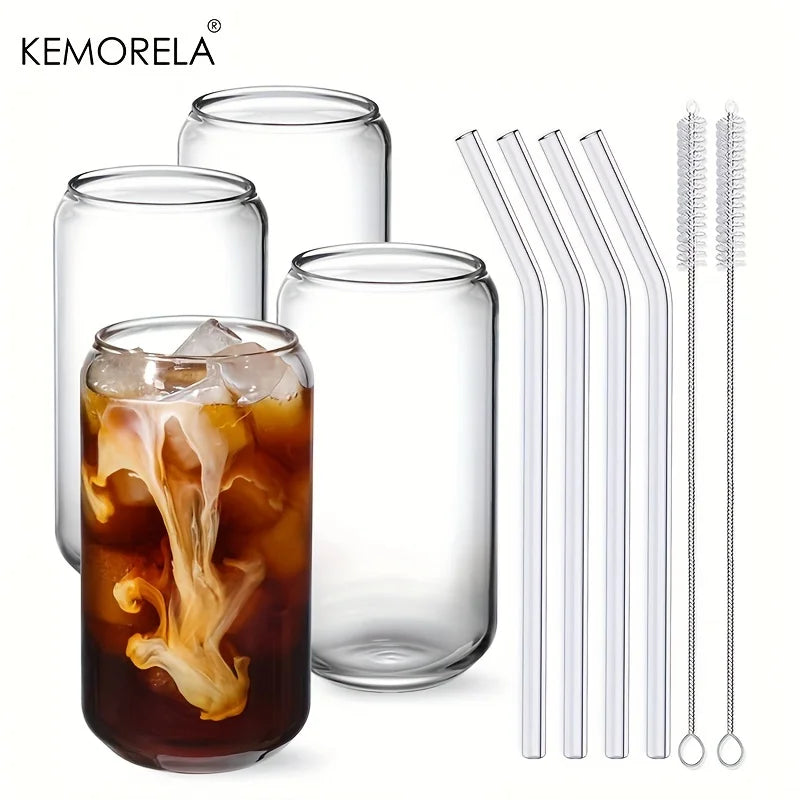 Bicchieri tazza con cannuccia di vetro Set da 4 pezzi a forma di lattina per birra caffè ghiacciato whisky Soda Tea Water con 2 spazzole per la pulizia