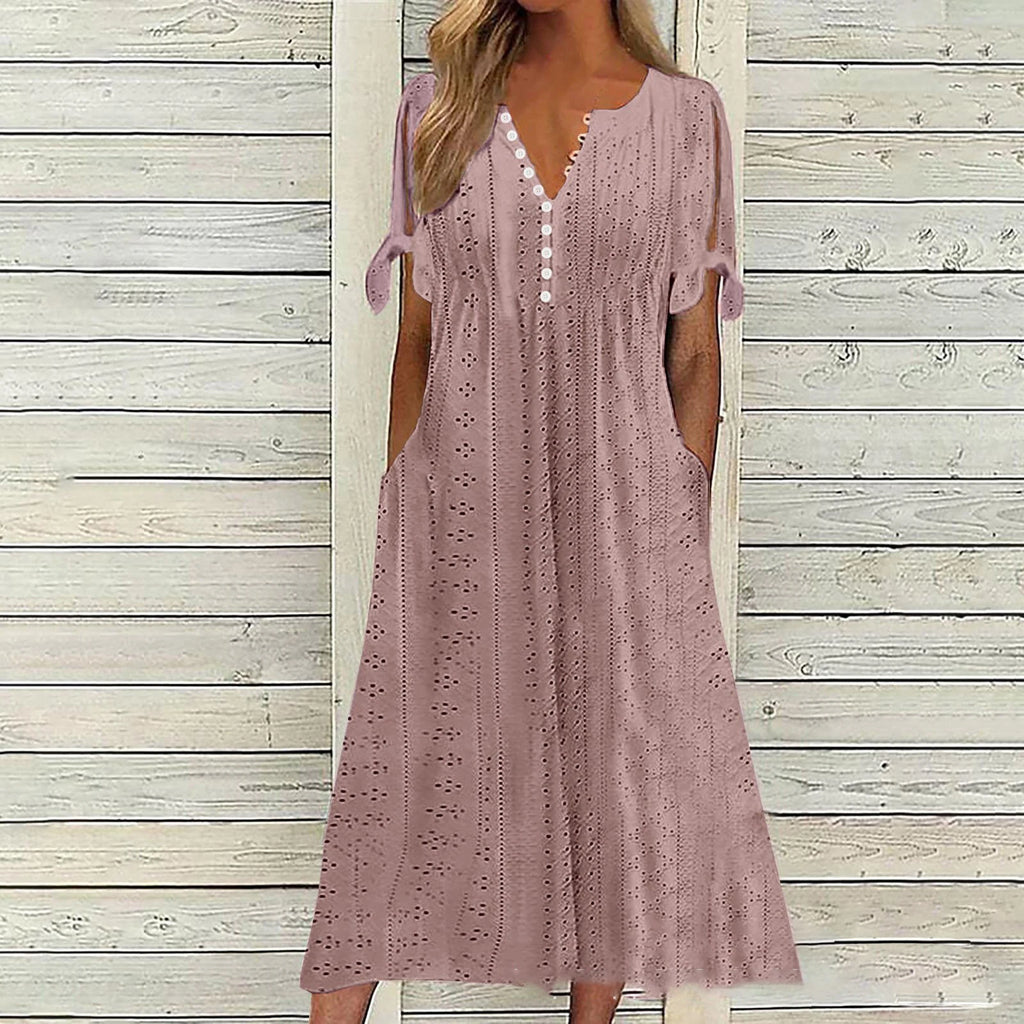Abito Midi Estivo da Donna Boho con Occhielli e Spalle Scoperte, Maniche Corte, Scollo a V, Bottoni, Vestibilità Ampia, Stile Casual a Trapezio con Tasche